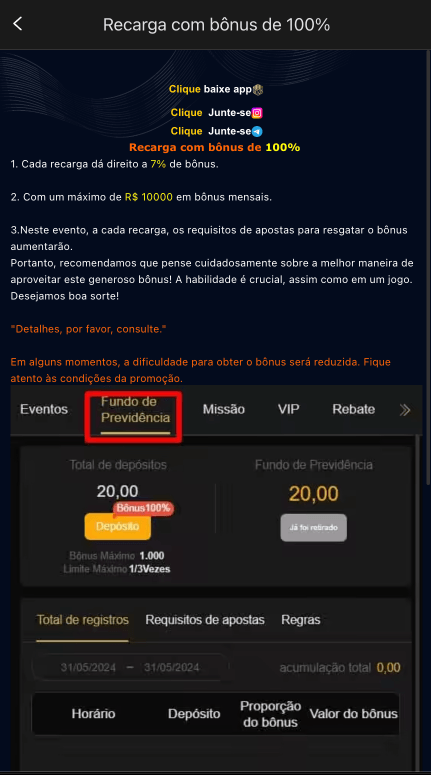 Detalhes do bônus 100% e fundo de previdência +7% no BETOK GAME