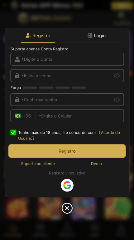 Tela de cadastro rápido do BETOK GAME com login via Google