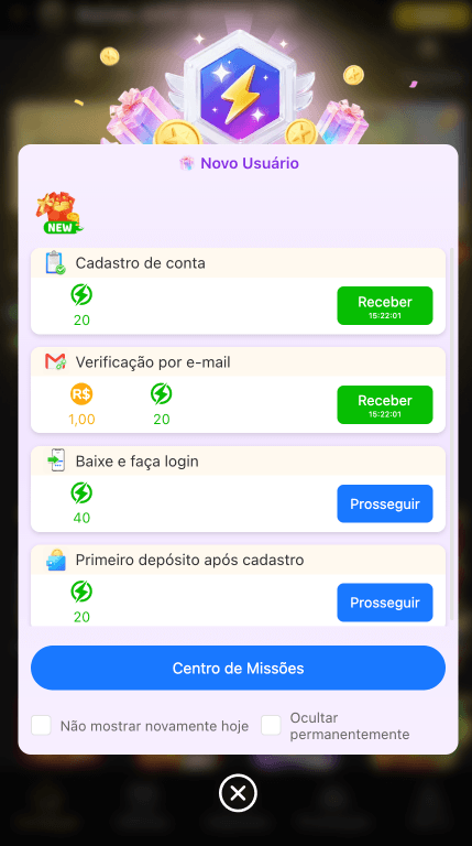 Central de missões diárias BETOK GAME com tarefas para novos jogadores