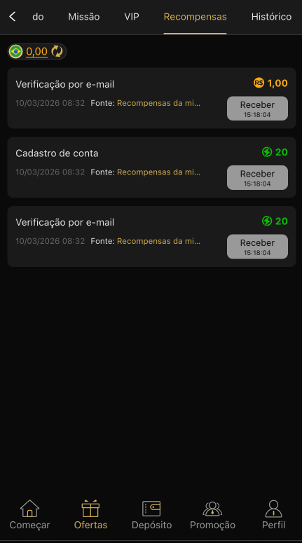 Central de recompensas BETOK GAME com bônus por verificação e cadastro