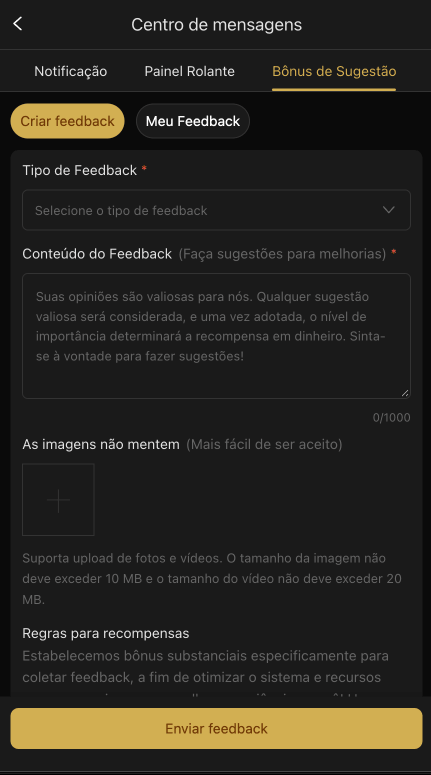 Sistema de feedback com recompensas em dinheiro do BETOK GAME