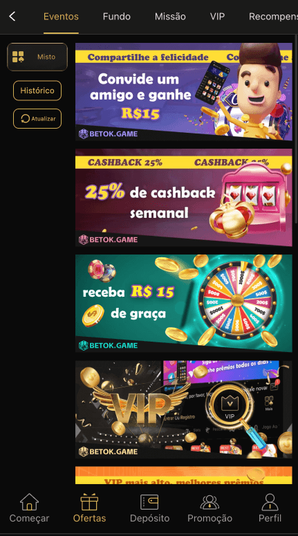 Página de promoções BETOK GAME com cashback e programa de referência