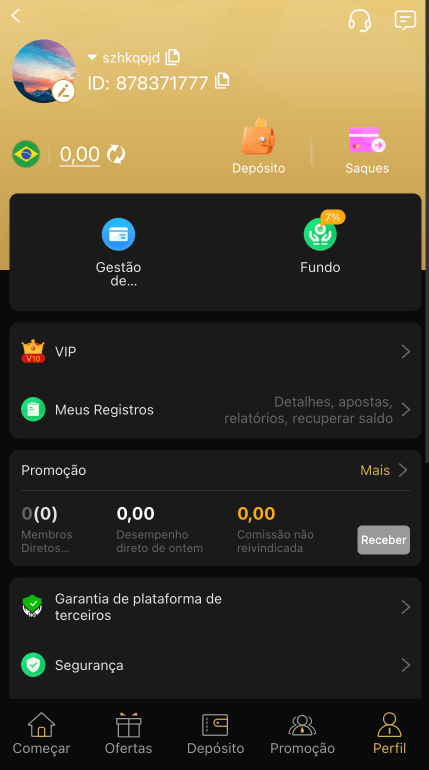 Perfil do jogador BETOK GAME com saldo, status VIP e painel de afiliados