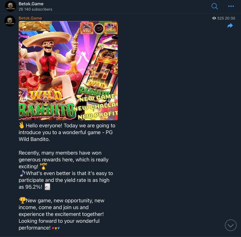 Canal oficial do BETOK GAME no Telegram com 26 mil inscritos